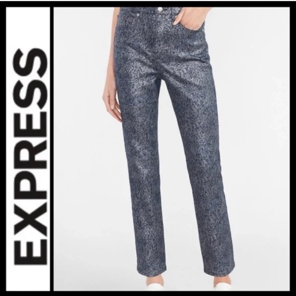 Express slim super high rise metallic blue silver pants NWT